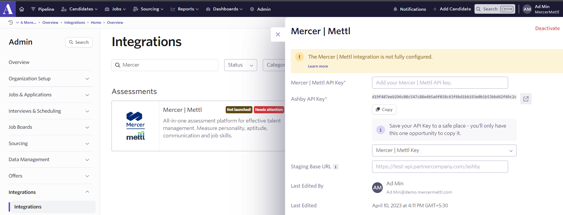 Mercer | Mettl Integration With Ashby