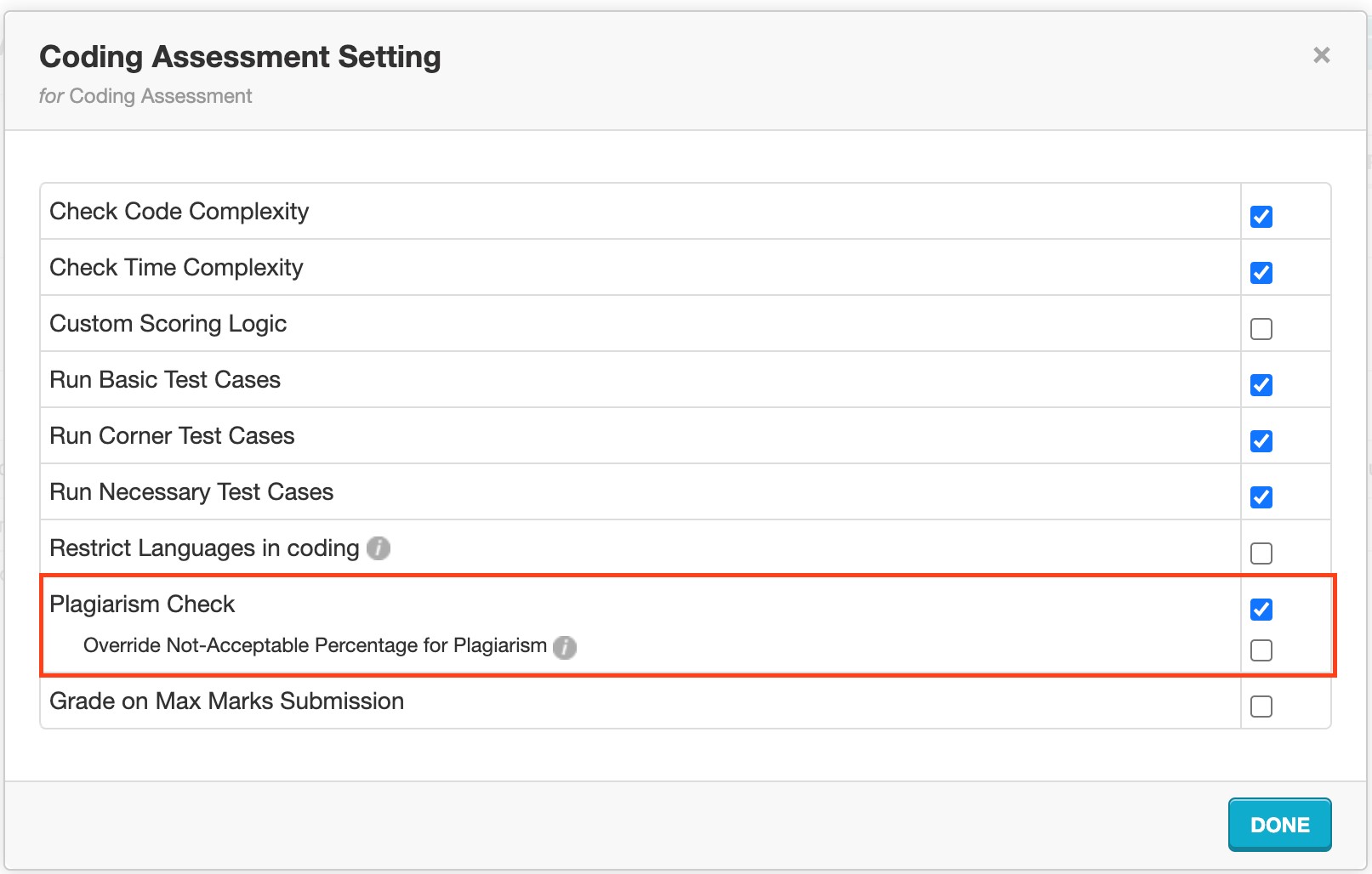 Configure Not-Acceptable Plagiarism Percentage for Code Snippet Questions