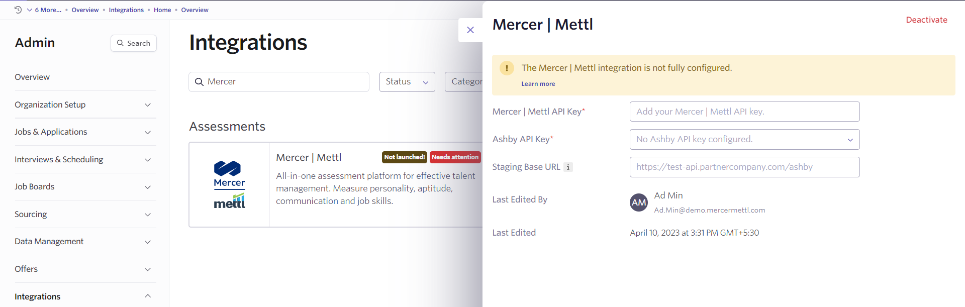 Mercer | Mettl Integration With Ashby